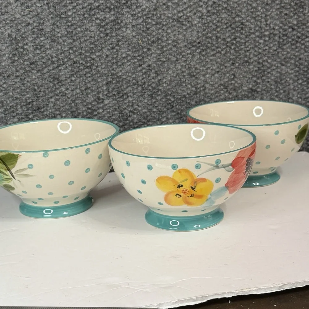 3 Pioneer Woman Bloom Dots Turquoise Footed Bowls 6